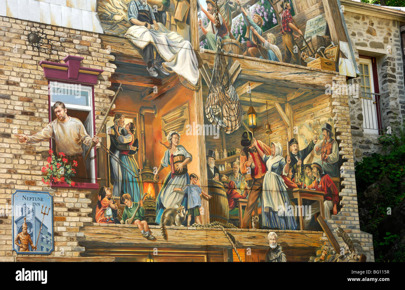 Detaill of the Petit-Champlain fresco, designed by Murale Création, historic district of Quebec City, Canada Stock Photo