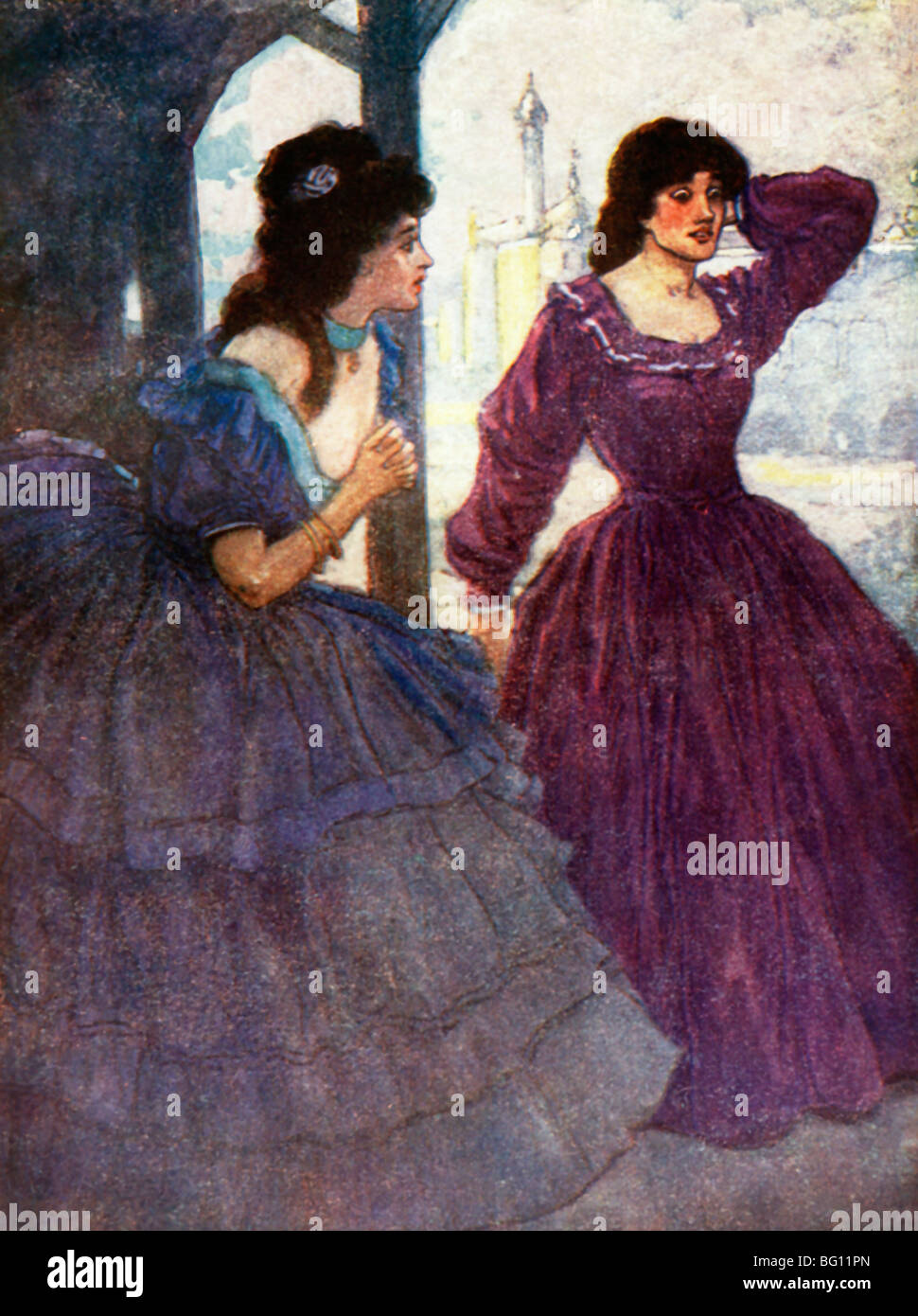 Illustration Of Jessie a sergeant's Wife And Her Mistress Who Could Hear The Pipes During The Siege At Lucknow In India Stock Photo