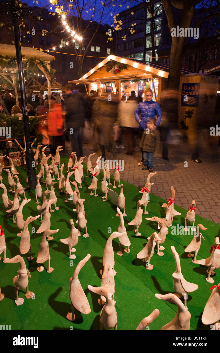 UK, England, Manchester, Albert Square, Brazennose Street market, carved wooden duck stall Stock Photo