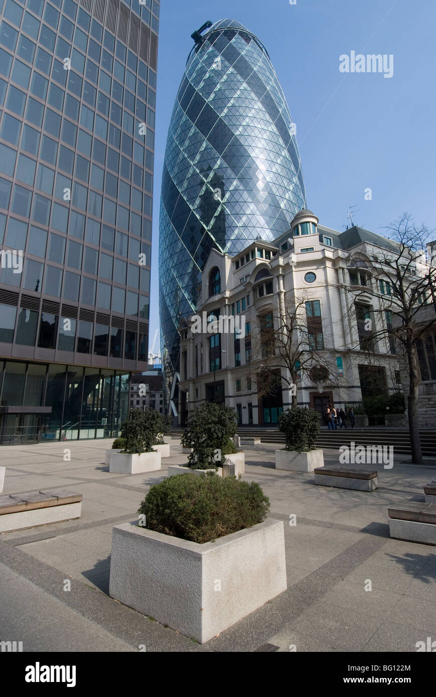 View of the Gherkin (Swiss Re Building), St. Mary Axe, London, England, United Kingdom, Europe Stock Photo