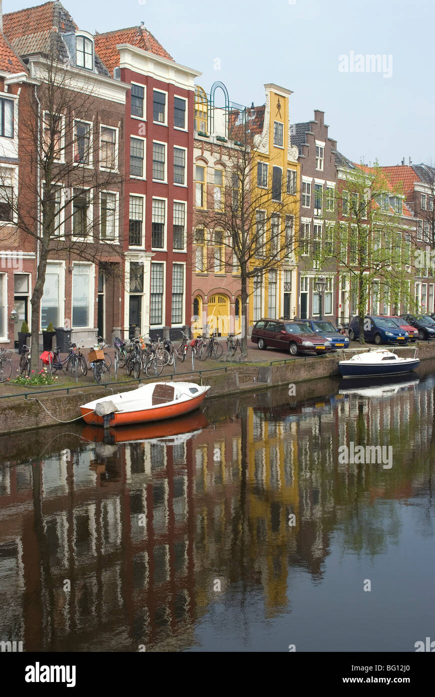 Houses along canal, Leiden, Netherlands, Europe Stock Photo