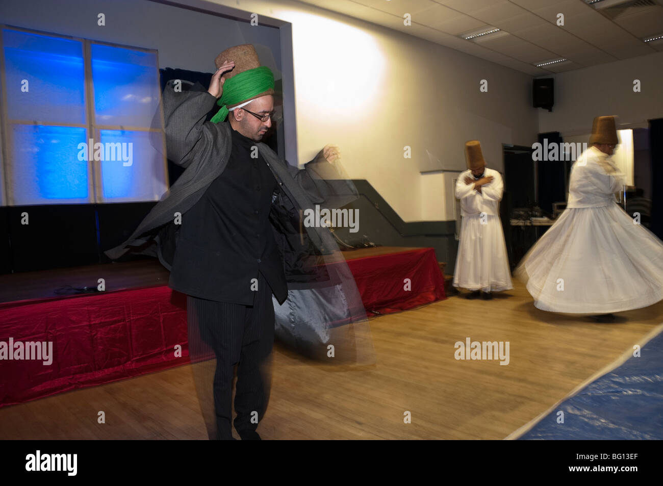 Whirling Dervishes in talent contest at Eid Milad-Un-Nabi Celebrations at Sunni Muslim Association, Tooting, London. Stock Photo