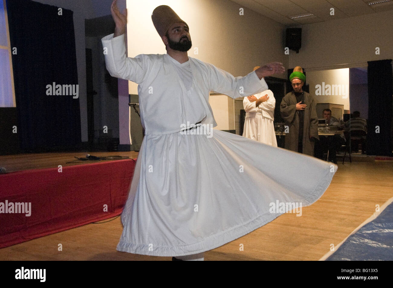Whirling Dervishes in talent contest at Eid Milad-Un-Nabi Celebrations at Sunni Muslim Association, Tooting, London. Stock Photo