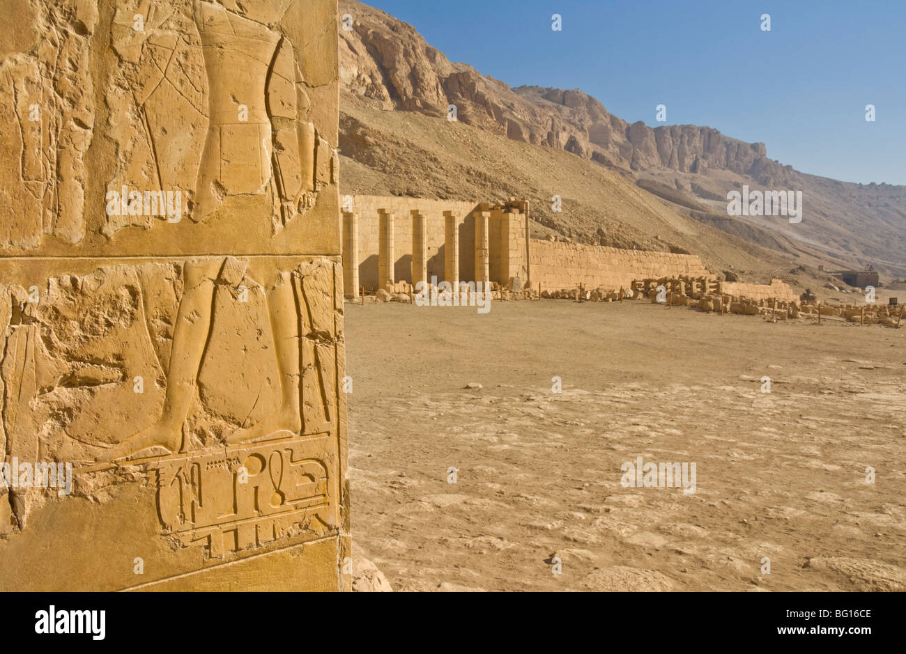 Hieroglyphics on column on second terrace of Temple of Hatshepsut, Deir el Bahari, Thebes, Egypt Stock Photo