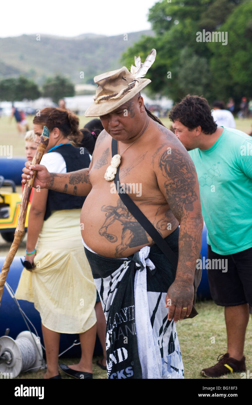 Maori male with tattoos and huge belly Stock Photo