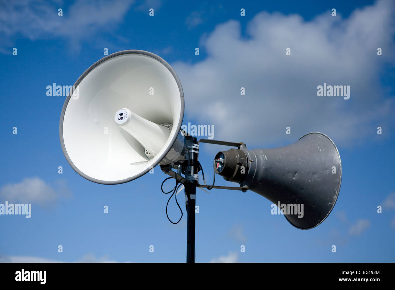 Pair of large outdoor loudspeakers. UK Stock Photo Alamy