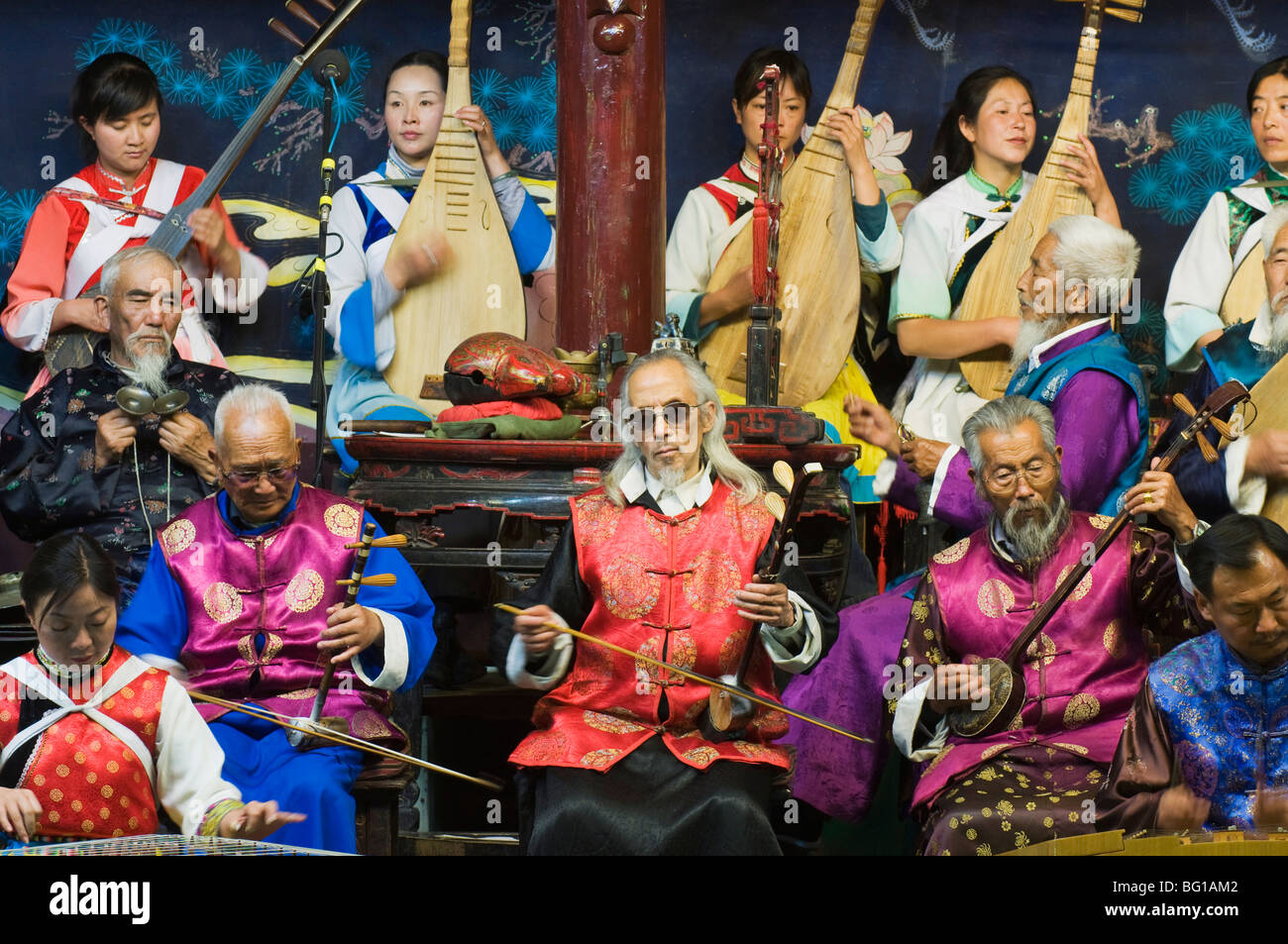 Musicians in a traditional Naxi orchestra, Lijiang Old Town, UNESCO World Heritage Site, Yunnan Province, China, Asia Stock Photo