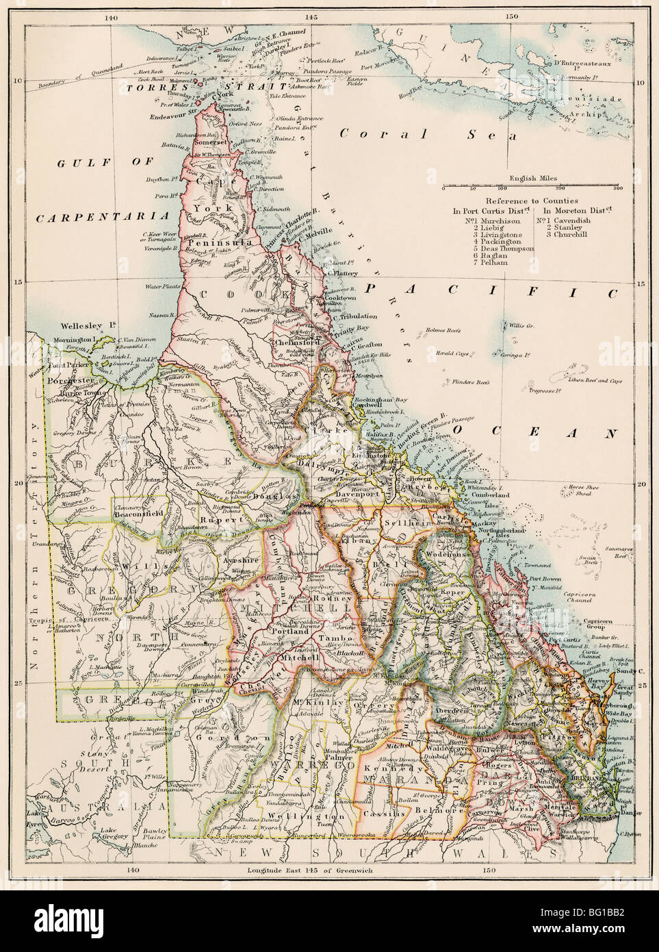 Map of Queensland, Australia, 1870s. Color lithograph Stock Photo
