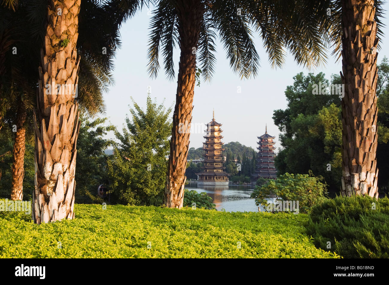 Banyan Lake Pagodas, Guilin, Guangxi Province, China, Asia Stock Photo