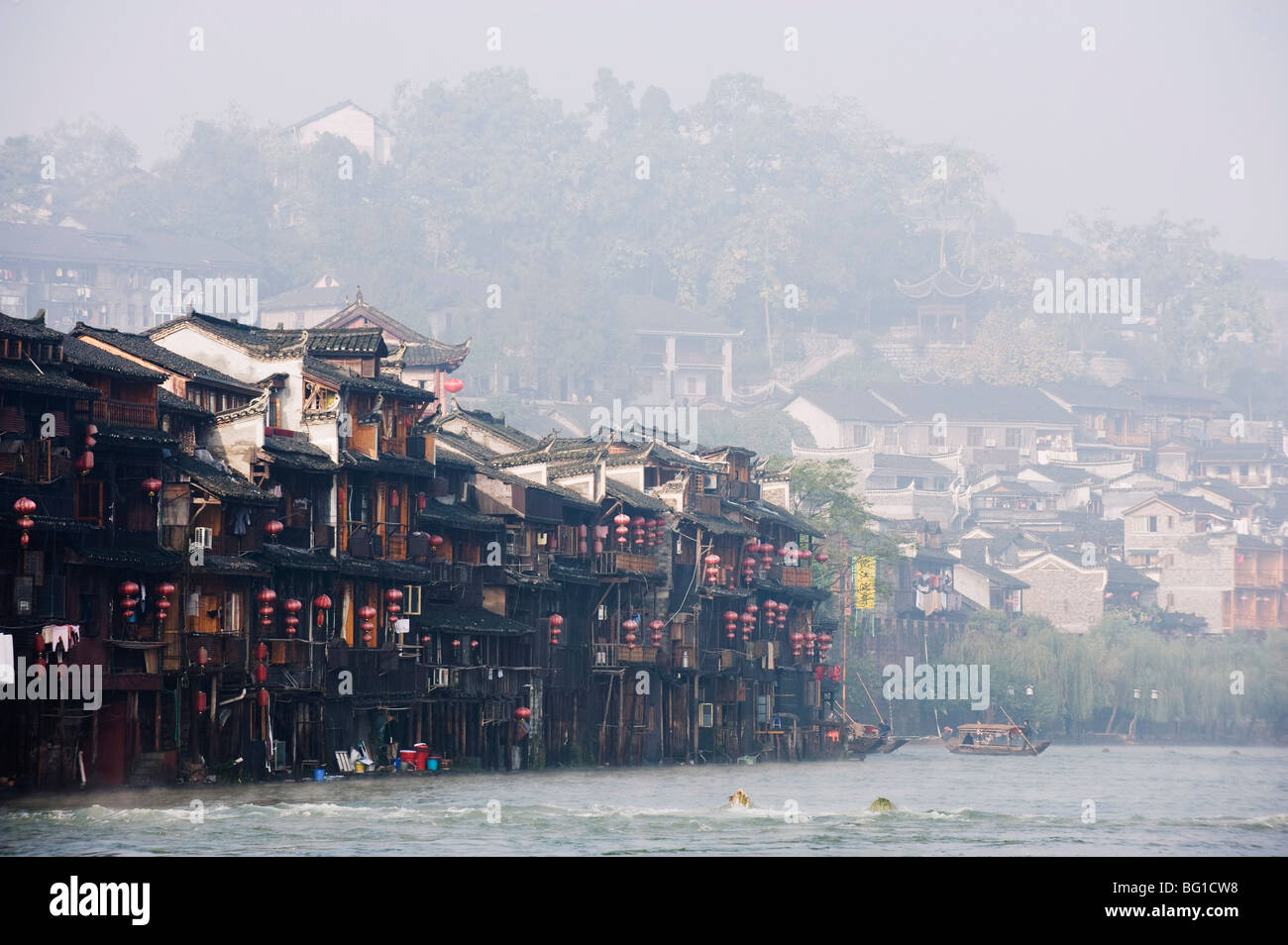 Wooden stilt houses in riverside old town of Fenghuang, Hunan Province