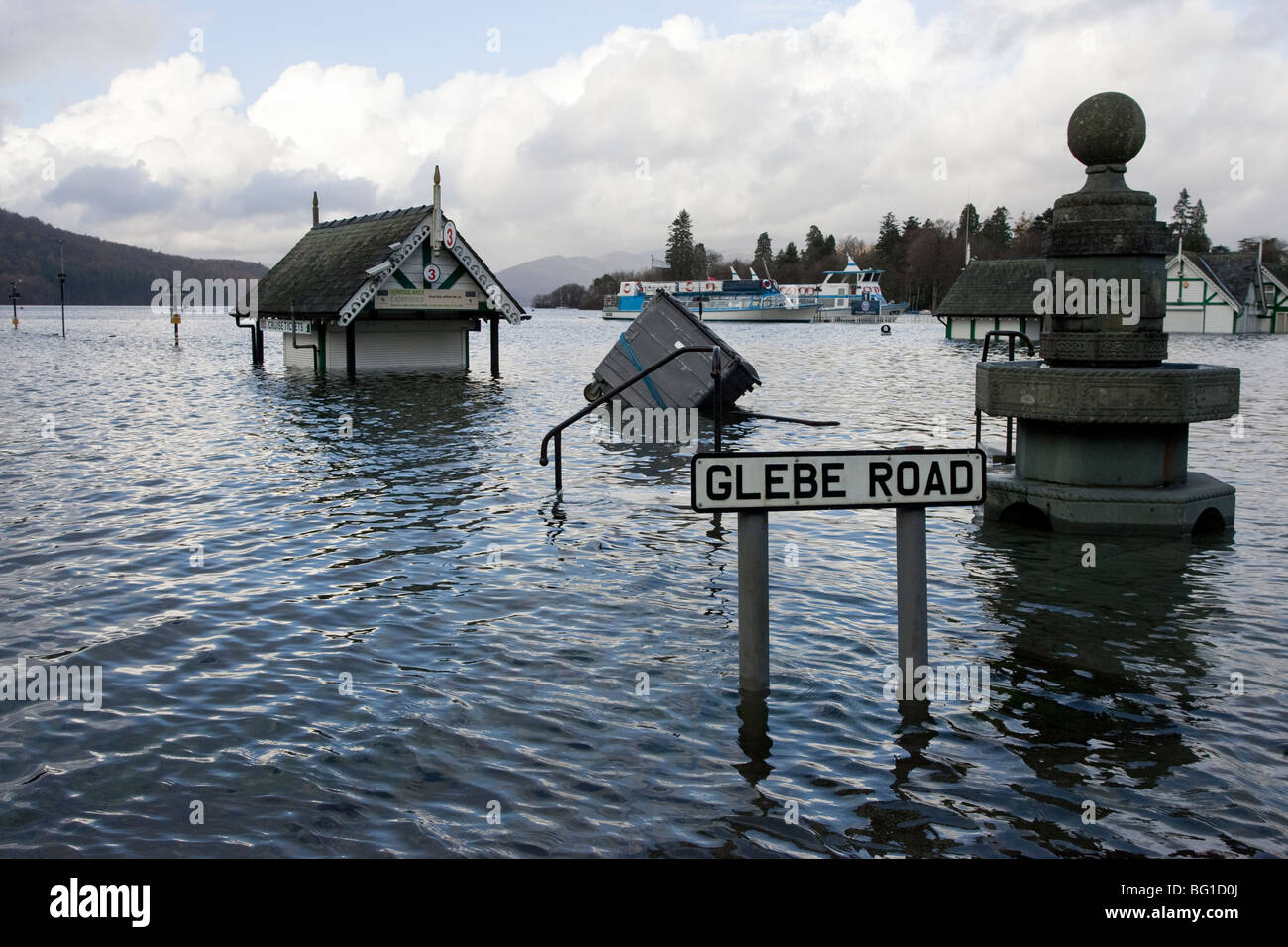 Bowness On Windermere promenade under water due to flooding November