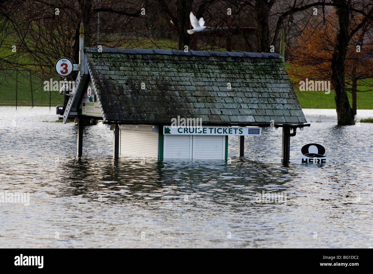 Bowness On Windermere promenade under water due to flooding November