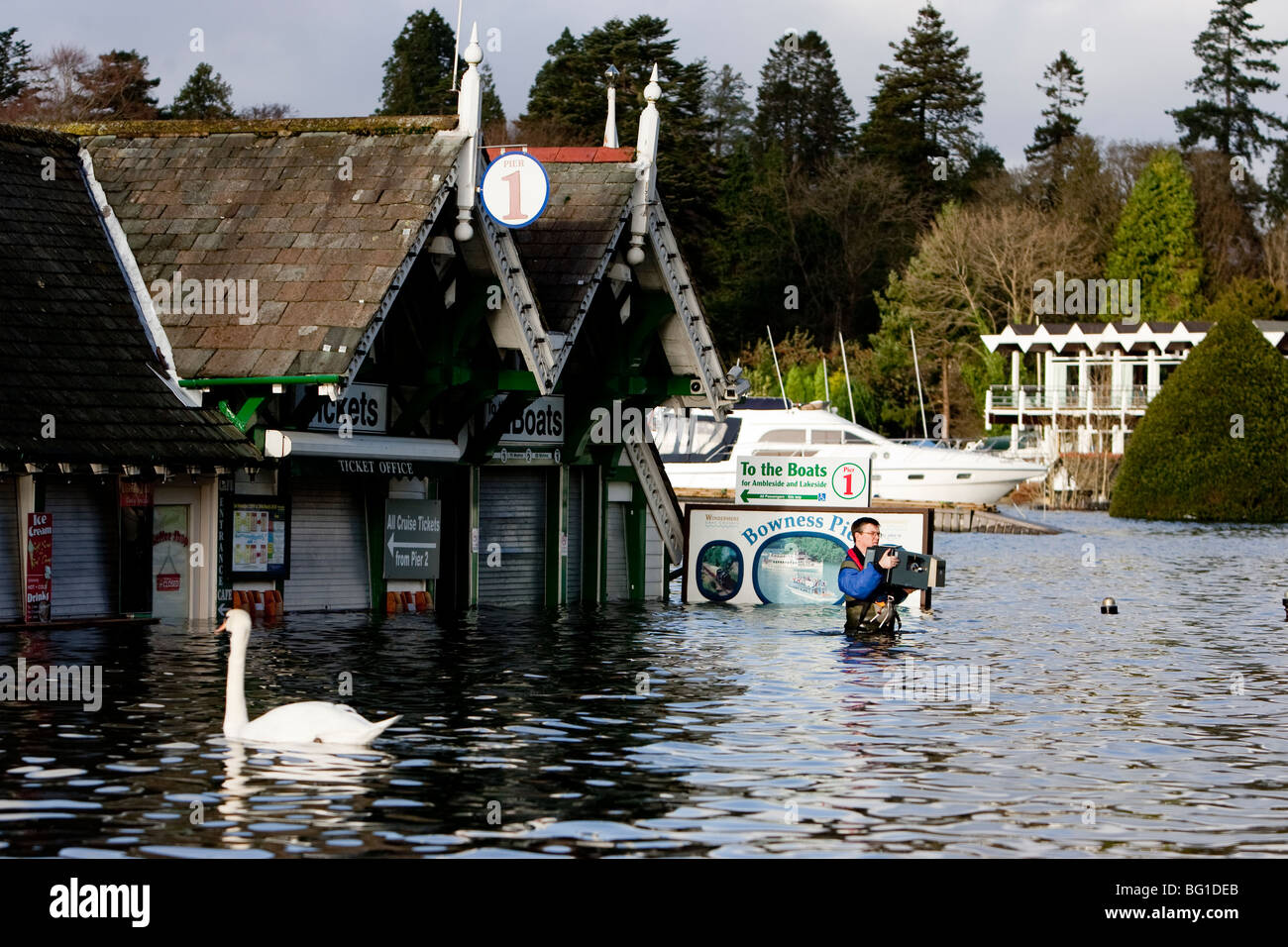 Bowness On Windermere promenade under water due to flooding November