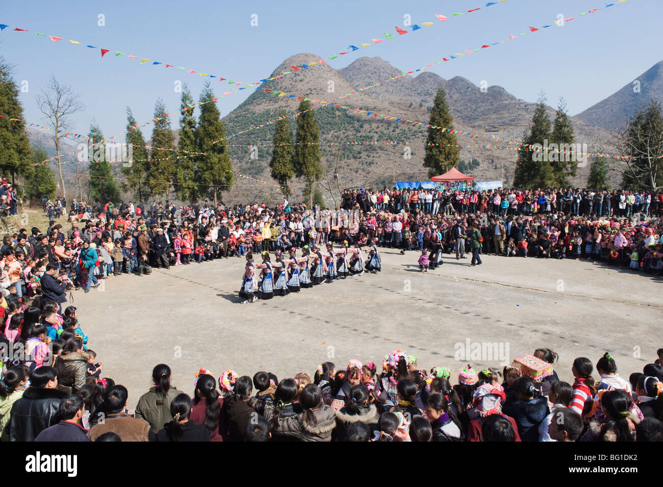 Dancing at a 4 Seals Miao lunar New Year festival, Xinyao village, Guizhou Province, China, Asia Stock Photo
