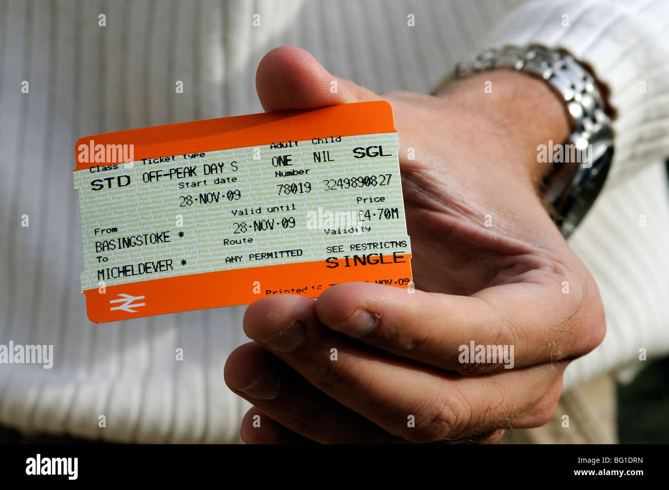 British railway ticket being held in a mans hand Stock Photo