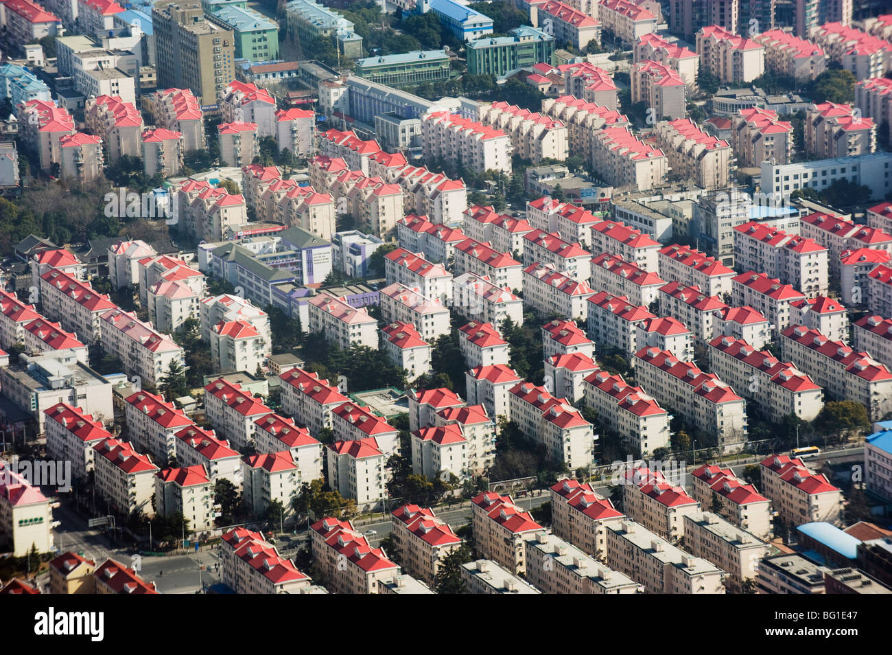 Aerial view of residential housing estate in Pudong area of Shanghai, China, Asia Stock Photo