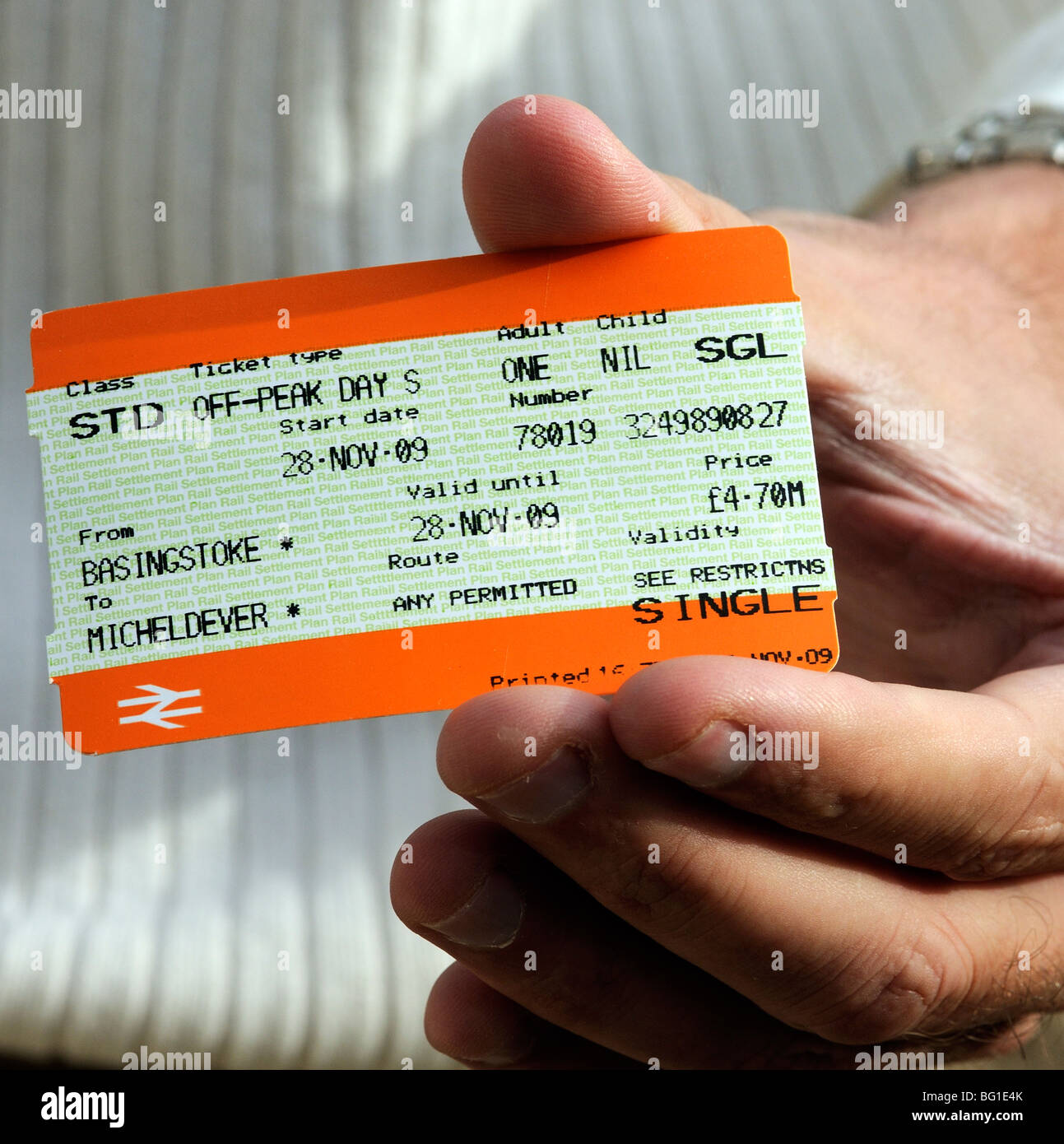 British railway ticket being held in a mans hand Stock Photo