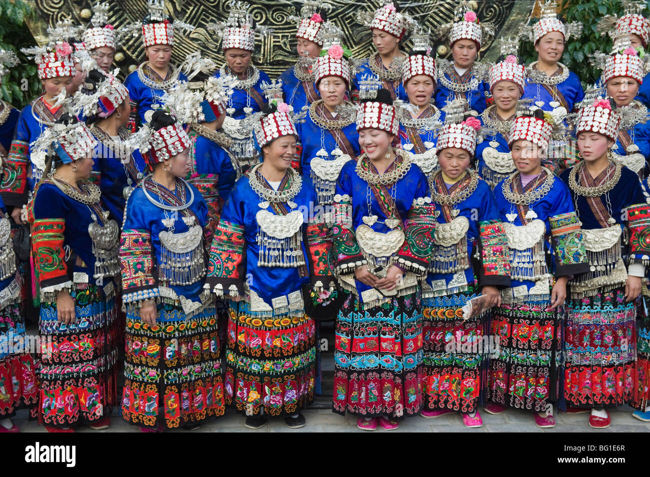 Elaborate costumes worn at a traditional Miao New Year festival in Xijiang, Guizhou Province, China, Asia Stock Photo