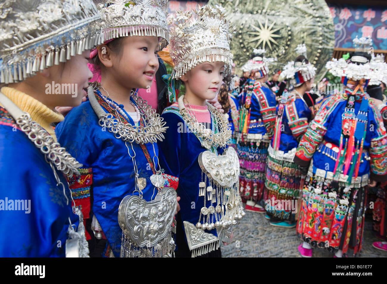 Elaborate costumes worn at a traditional Miao New Year festival in Xijiang, Guizhou Province, China, Asia Stock Photo