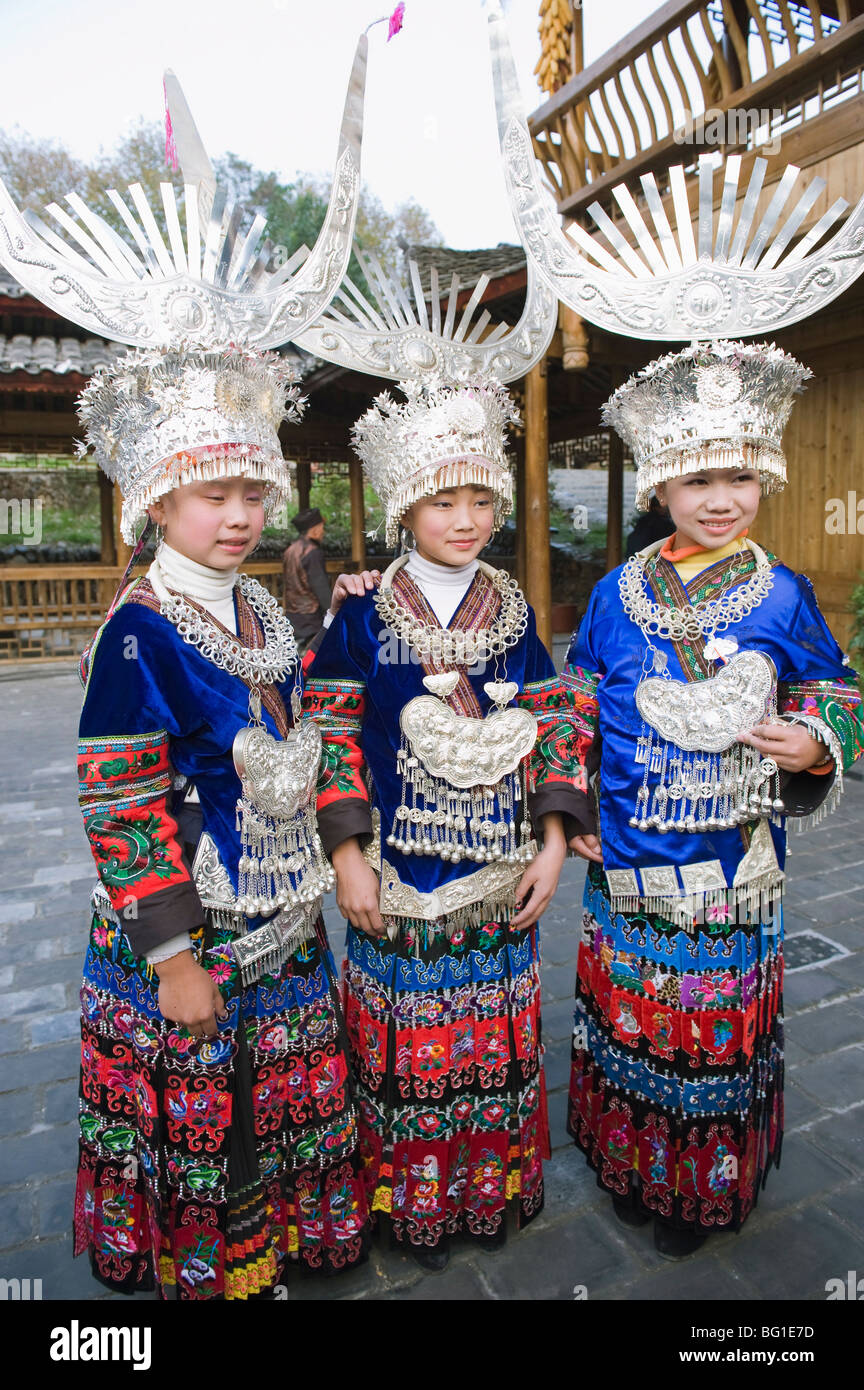 Elaborate costumes worn at a traditional Miao New Year festival in Xijiang, Guizhou Province, China, Asia Stock Photo