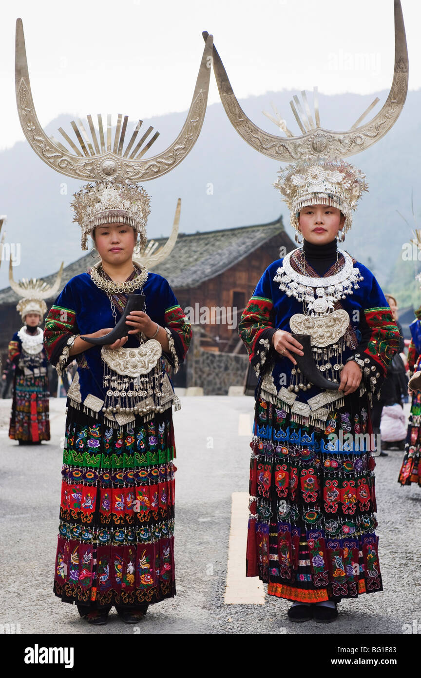 Elaborate costumes worn at a traditional Miao New Year festival in Xijiang, Guizhou Province, China, Asia Stock Photo