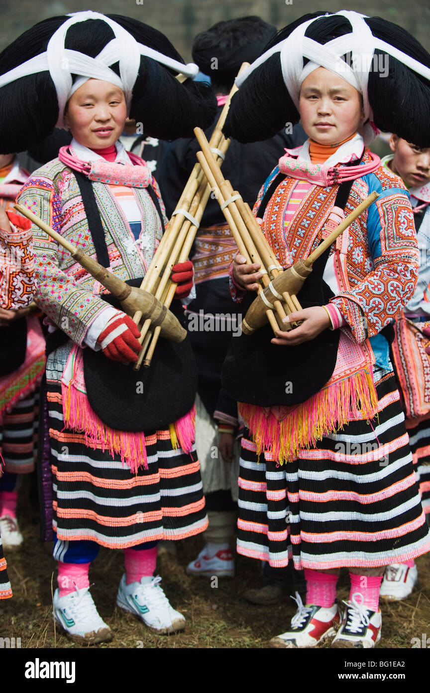 Long Horn Miao women at lunar New Year festival celebrations in Sugao ethnic village, Guizhou Province, China, Asia Stock Photo