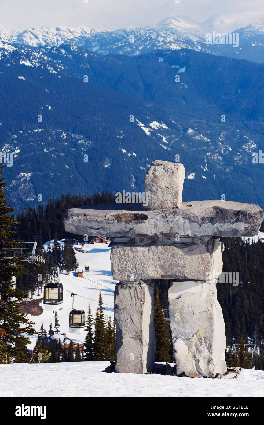 An Inuit Inukshuk stone statue, Whistler mountain resort, venue of the 2010 Winter Olympic Games, British Columbia, Canada Stock Photo