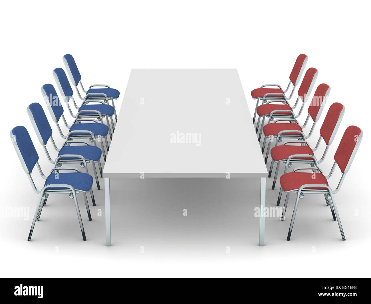Empty table with two differently colored rows of chairs. Symbol for ...