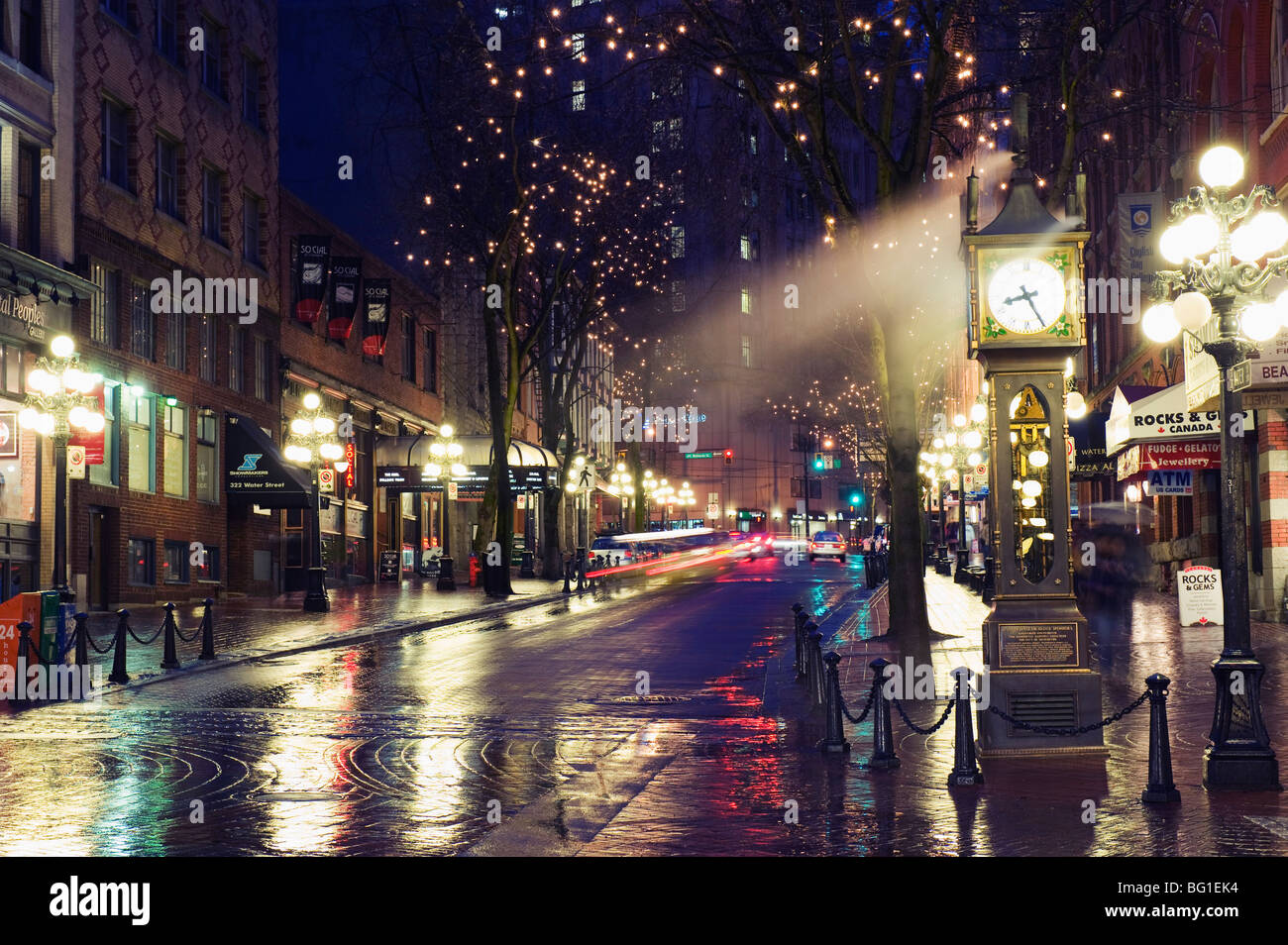 The Steam Clock at night on Water Street, Gastown, Vancouver, British Columbia, Canada, North America Stock Photo