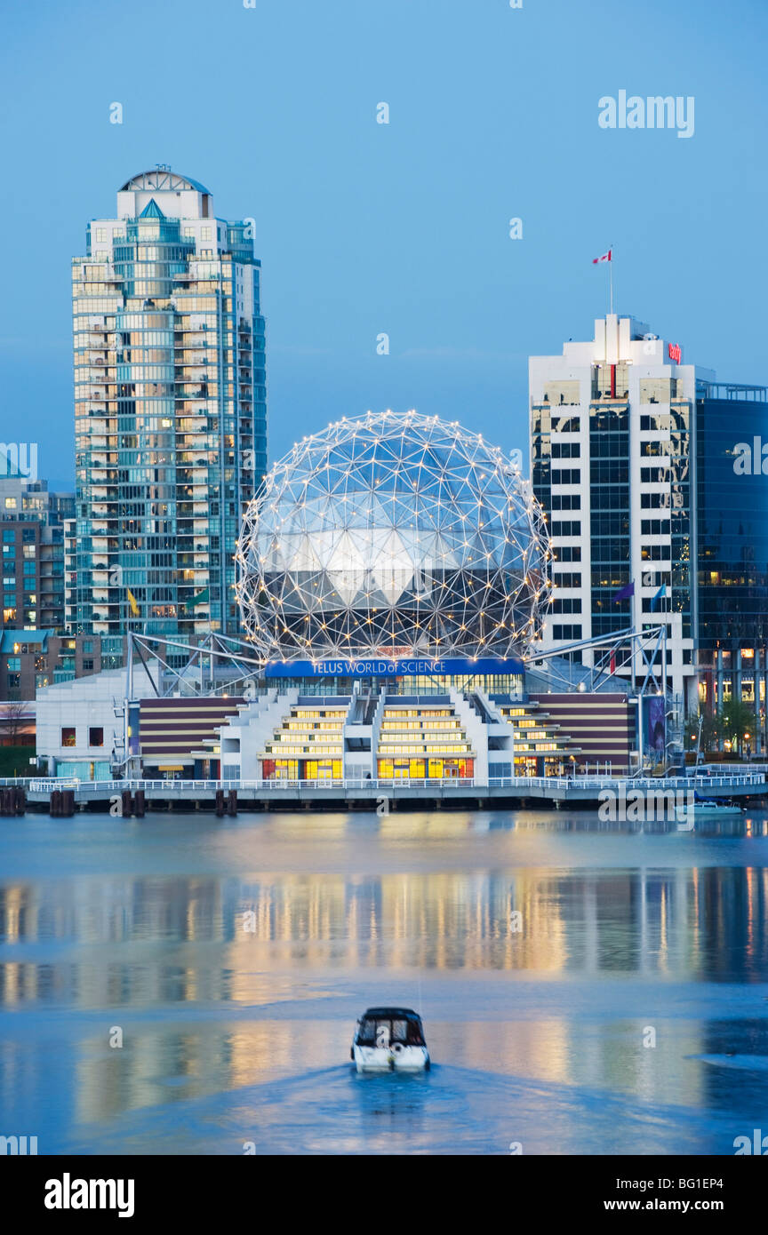 Telus Science World and a boat on False Creek, Vancouver, British Columbia, Canada, North America Stock Photo