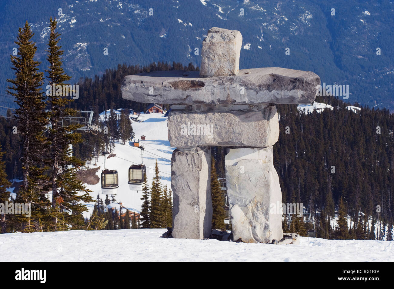 An Inuit Inukshuk stone statue, Whistler mountain resort, venue of the 2010 Winter Olympic Games, British Columbia, Canada Stock Photo