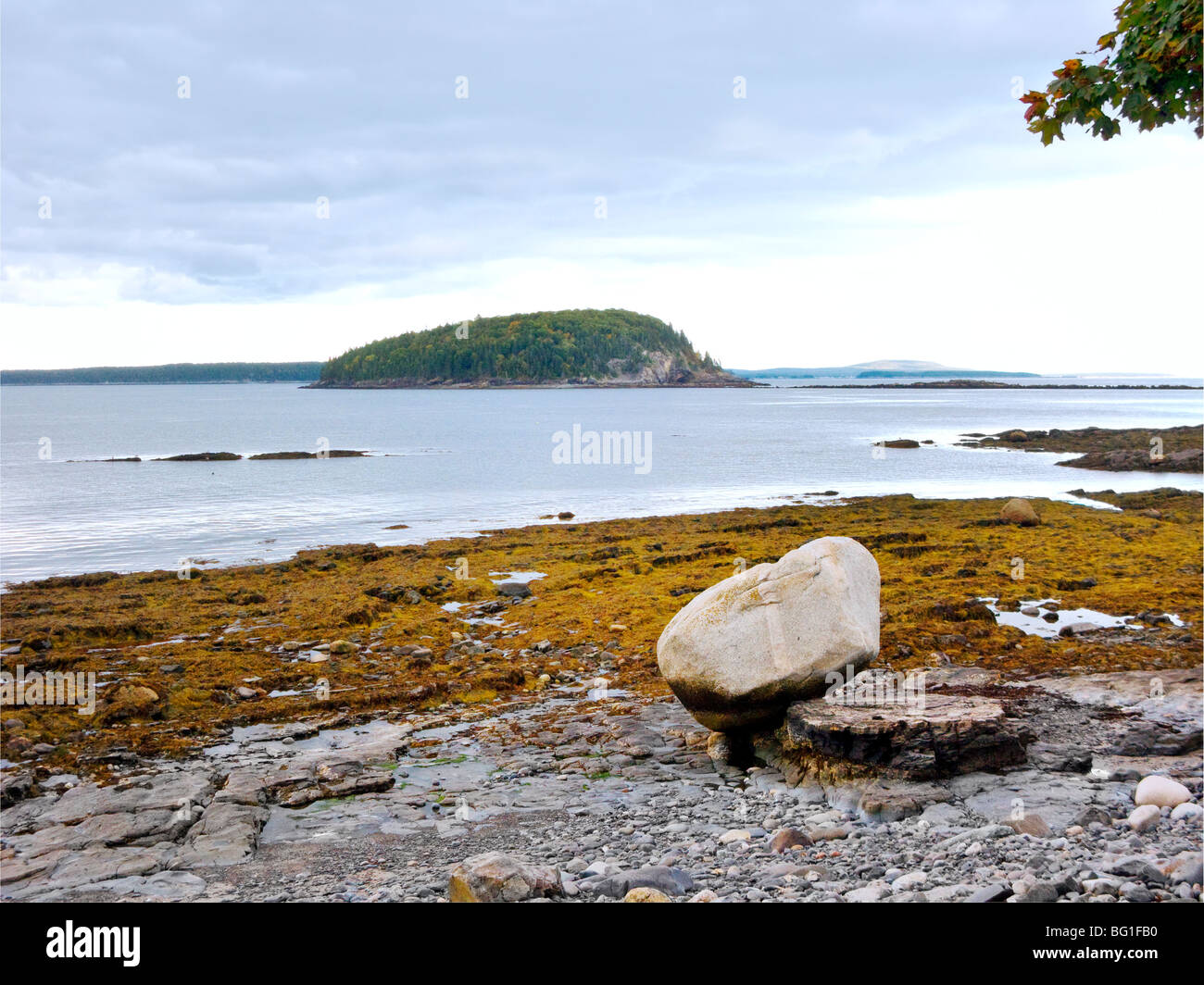 Balancing Rock near Bar Harbor, Maine, Mt. Desert Island at low tide in Frenchman's Bay, USA Stock Photo