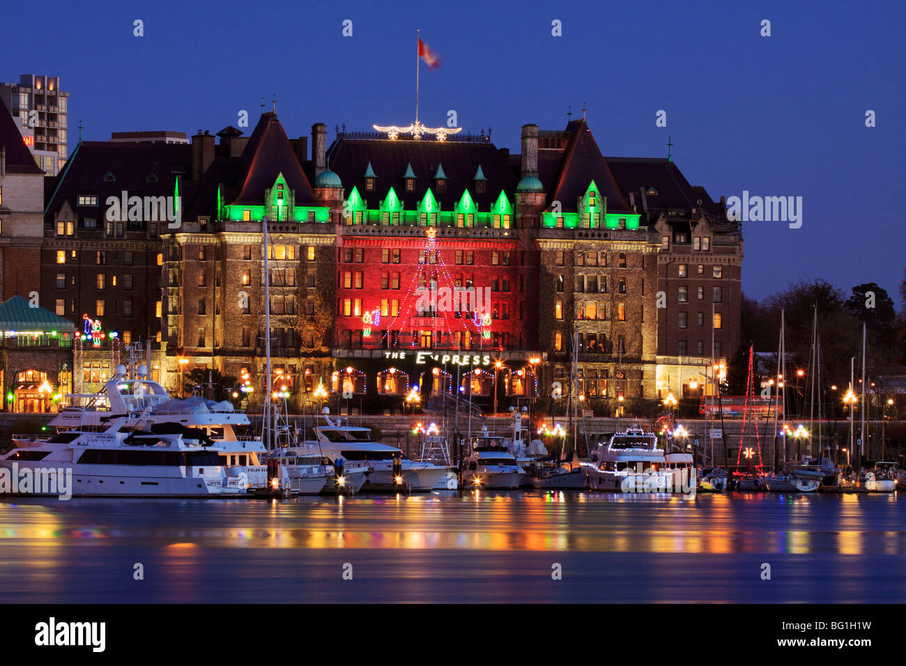Christmas lights on Empress Hotel and inner harbourVictoria, British