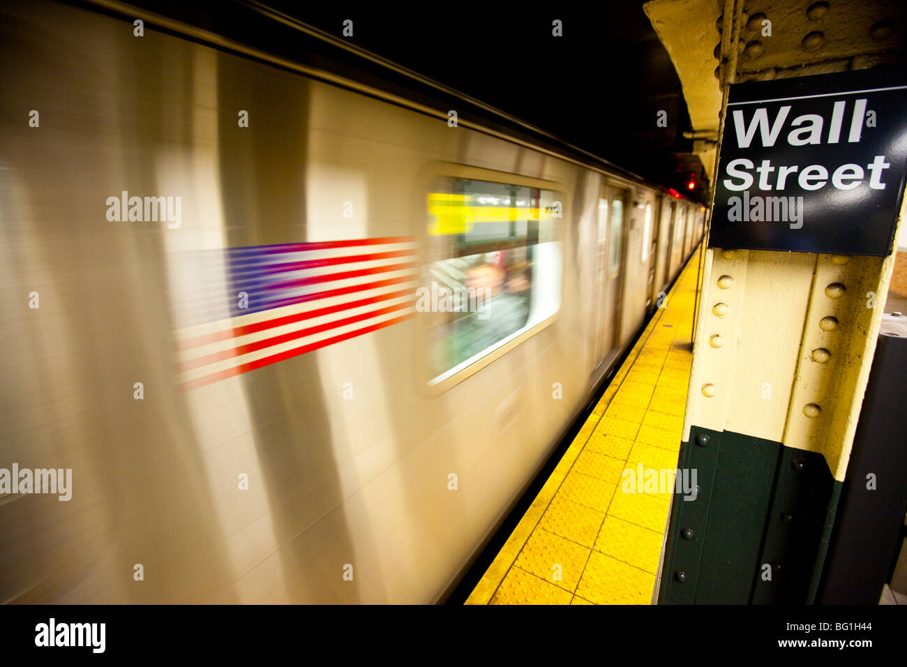 Wall Street Station Subway Platform in Manhattan, New York City Stock Photo