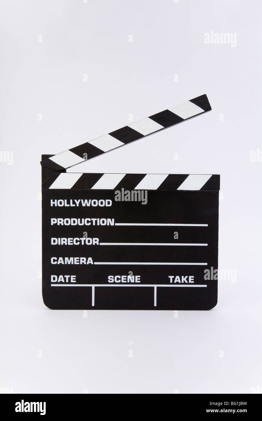 Movie clapper board slate chalkboard Hollywood title take film production movie roll cut director edit movie studio motion shoot Stock Photo