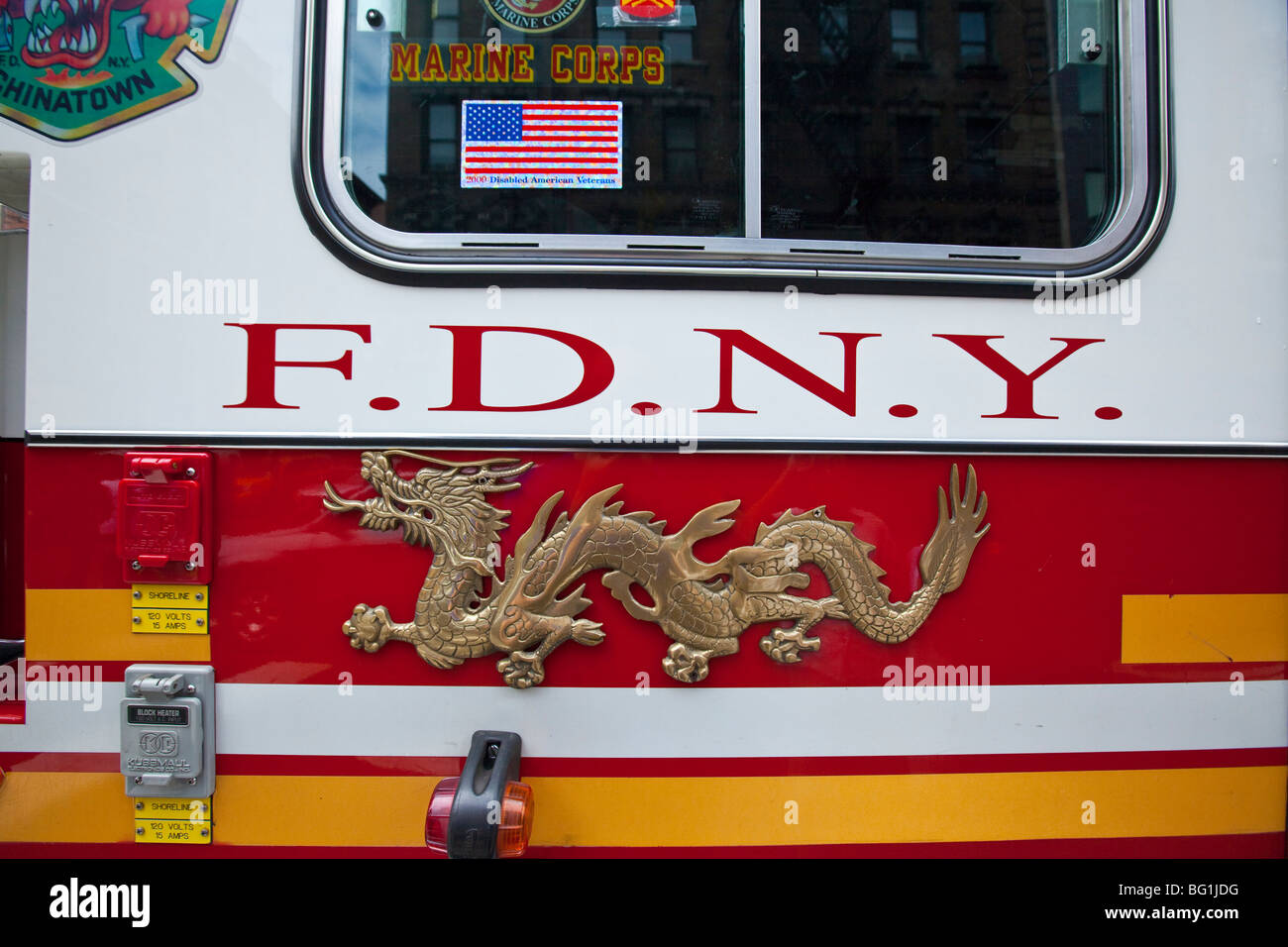 Chinatown Firetruck in Chinatown in Manhattan, New York City Stock Photo