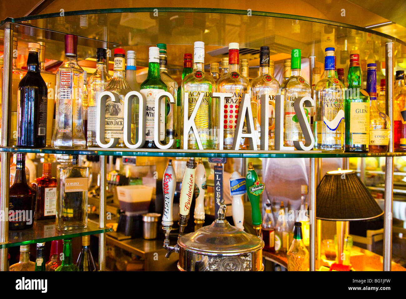 Coctails sign in front of alcohol bottles in the United States Stock Photo