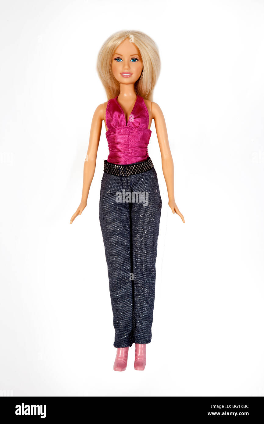 Iconic blonde Barbie doll pink top cut out on white Stock Photo