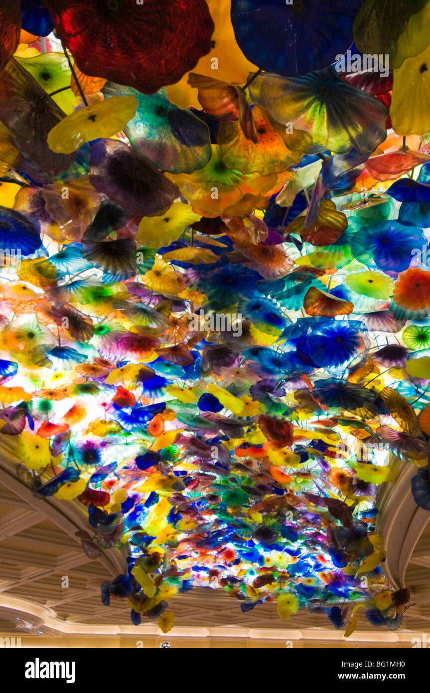 Glass Flower Ceiling by Dale Chihuly, Bellagio Hotel lobby, The Strip, Las Vegas, Nevada, USA Stock Photo