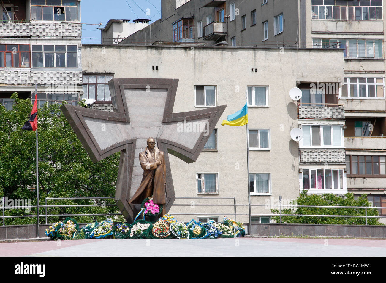 Monument to Ukrainian nationalist leader Stepan Bandera in Ivano-Frankivsk in Western Ukraine notorious for civilians assassins, anti-Semitic actions Stock Photo