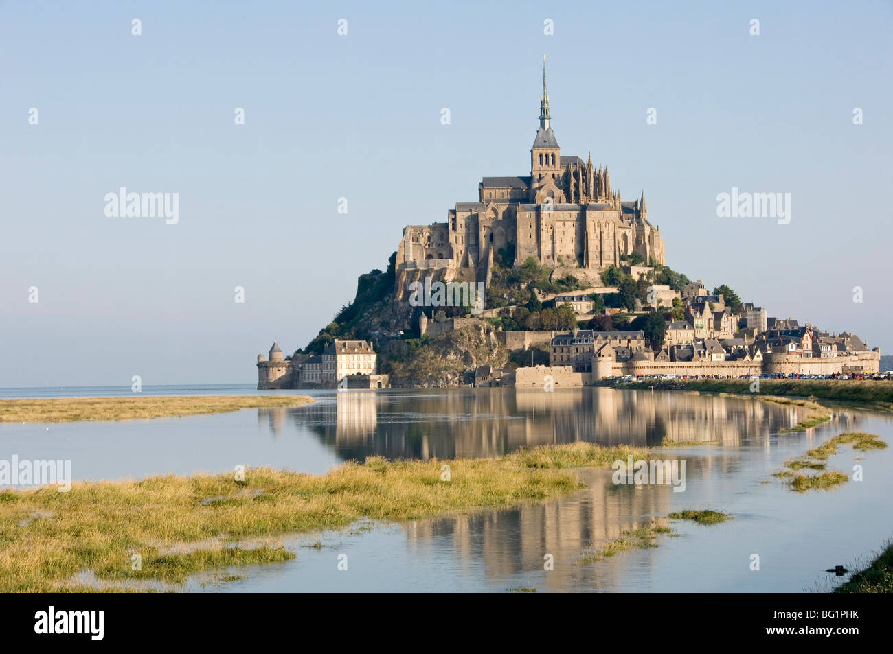 The island of Mont-Tombe and Abbey of Mont-St.-Michel, on the estuary of the river Couesnon, Basse Normandie, France Stock Photo