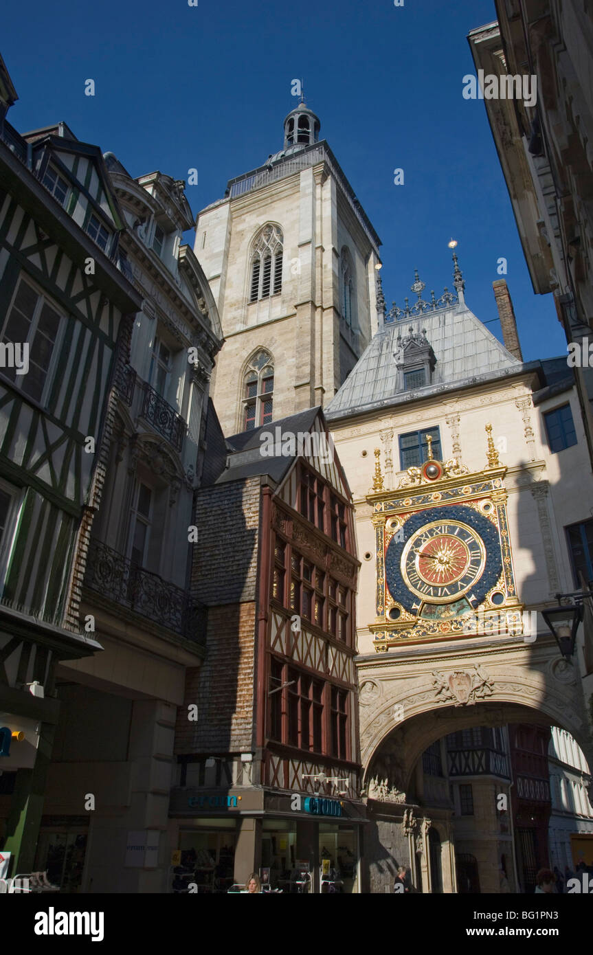 The Great Clock in the rue du Gros Horloge, Rouen, Haute Normandie, France, Europe Stock Photo