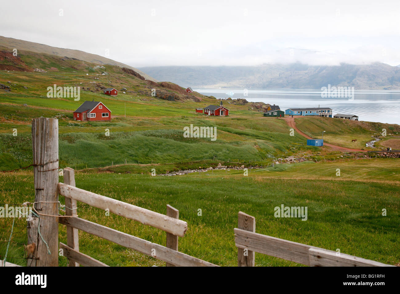 View over Erik the Red's first settlement Brattahlid, known today as Qassiarsuk, South Greenland, Polar Regions Stock Photo