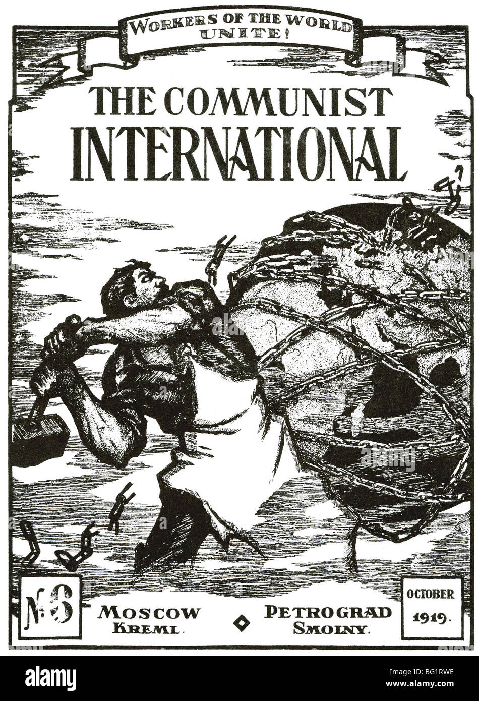 THE COMMUNIST INTERNATIONAL English language edition of October 1919  breaking the chains binding workers around the world Stock Photo