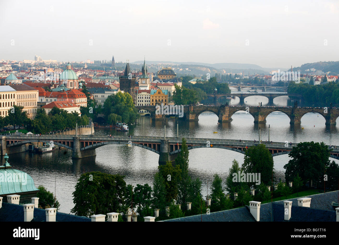 View of the River Vltava and bridges from Letna Hill, Prague, Czech Republic, Europe Stock Photo