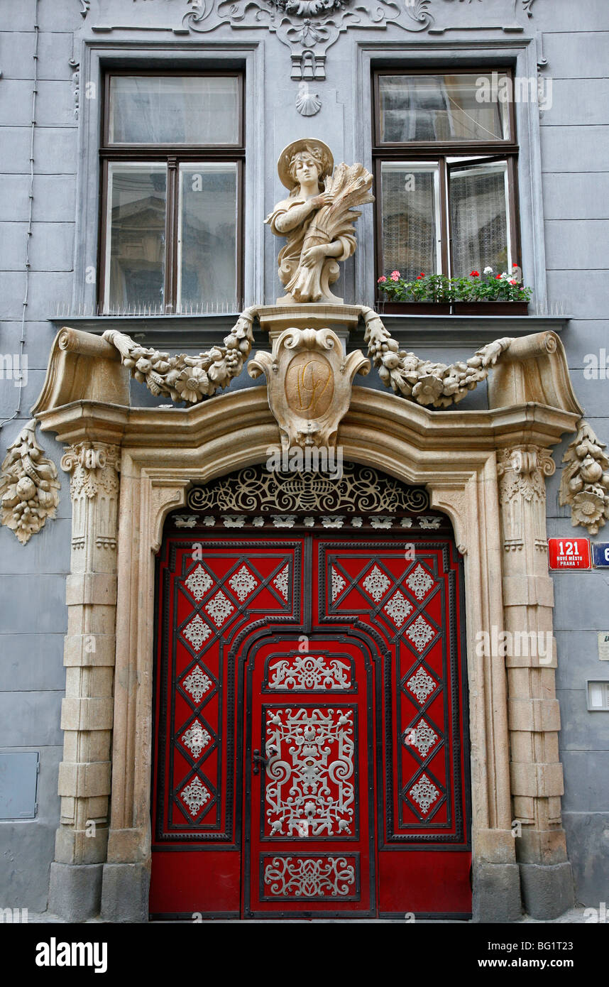 Decorated door, Nove Mesto, Prague, Czech Republic, Europe Stock Photo