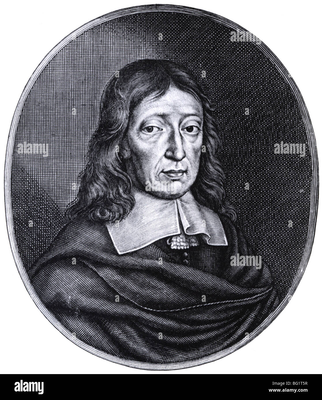 JOHN MILTON - English poet aged 62 as engraved by William Faithorne for the frontespiece of Milton's History of Britain in 1670 Stock Photo