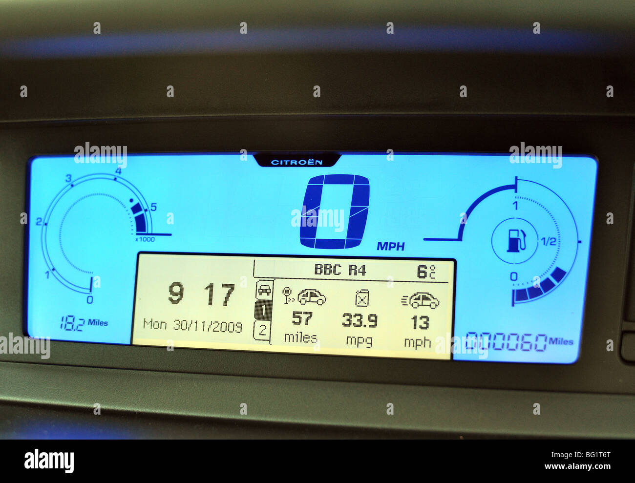 Dashboard of new Citroen C4 picasso, kilometer, km, speeding, tachometer,  car, closeup, speed Stock Photo - Alamy