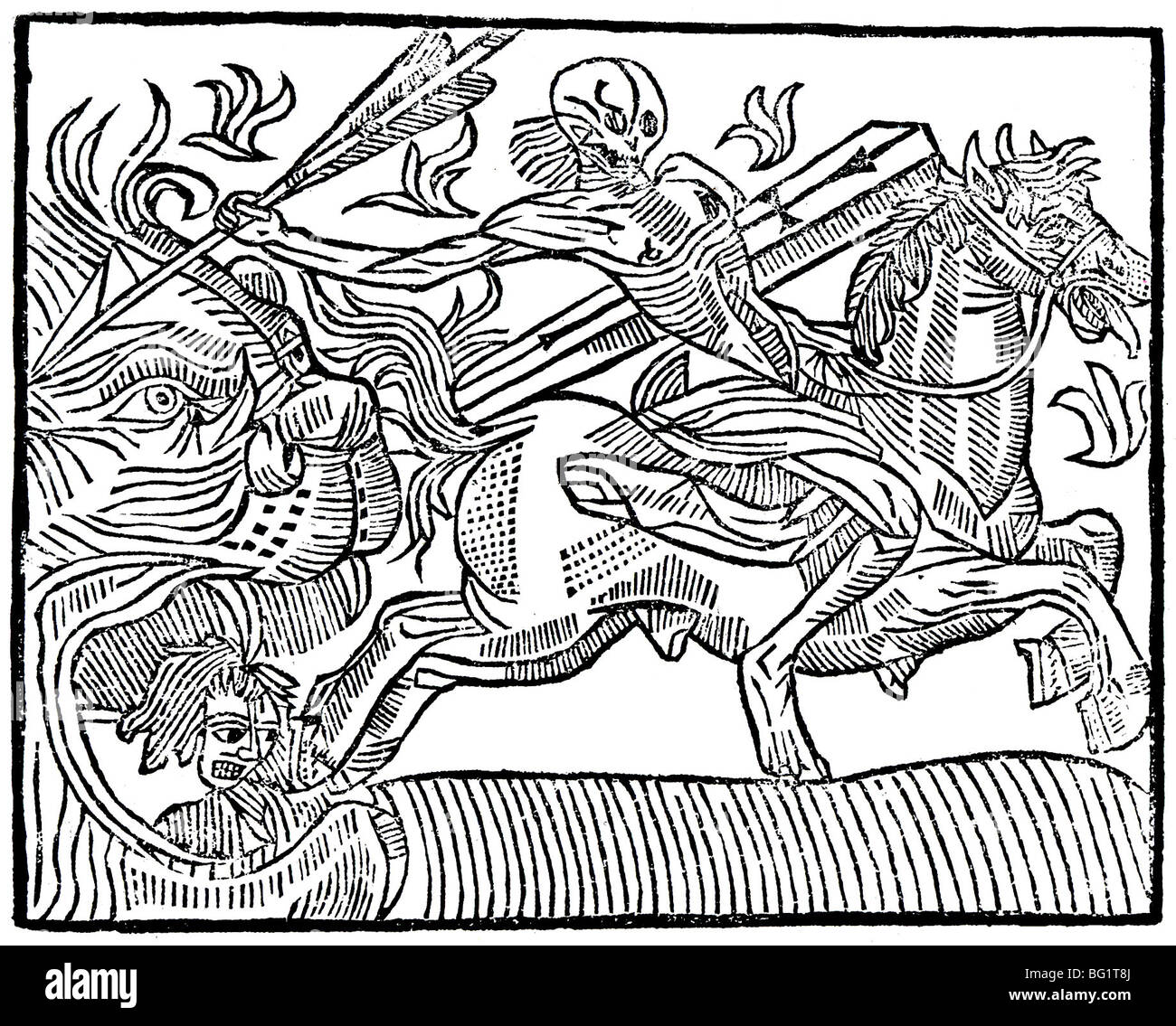 ST ANTHONY'S FIRE !5th century woodcut showing in the form of Death on horseback Stock Photo