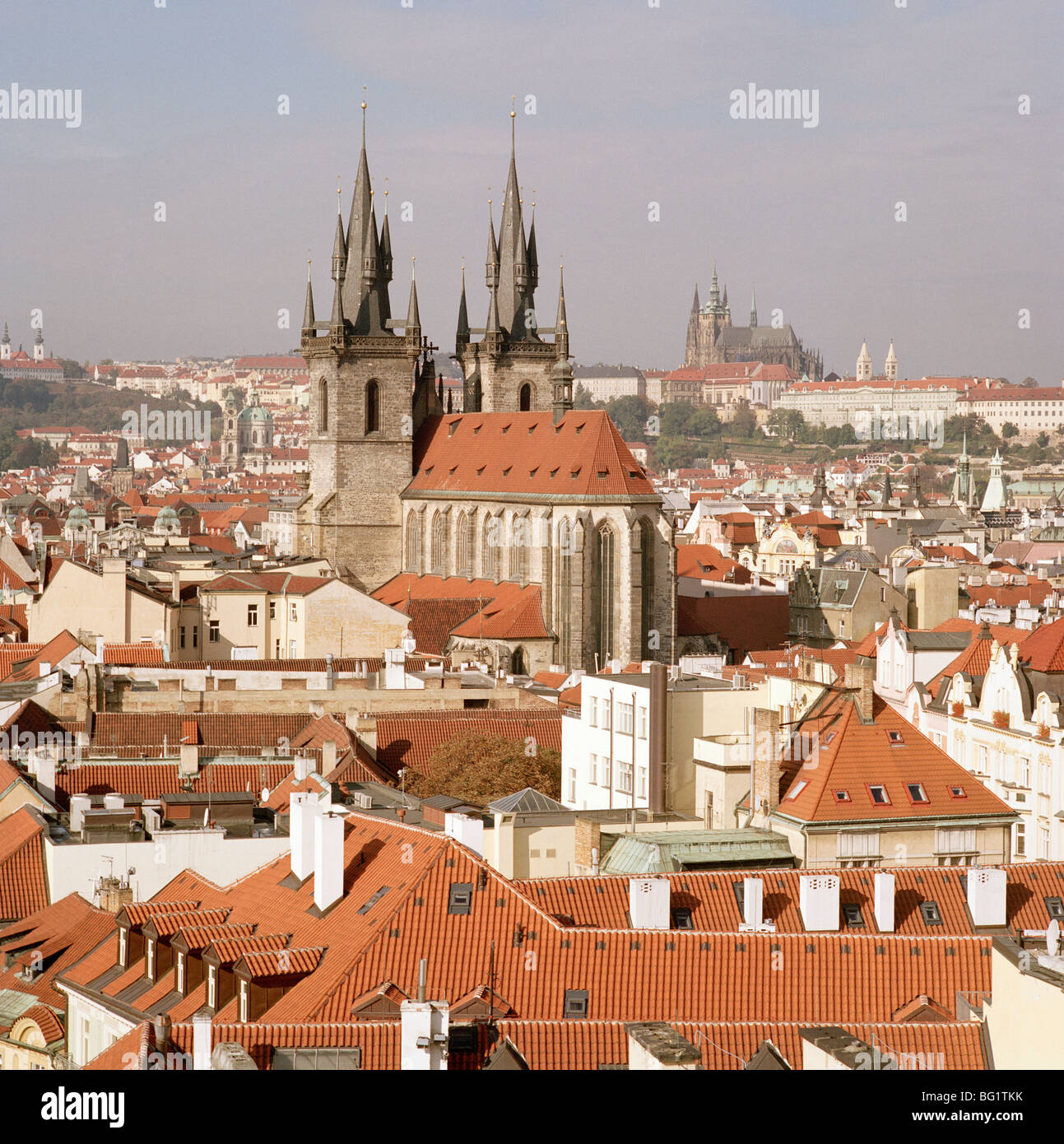 World Travel. View over Stare Mesto Old Town to Tyn Church in the ancient city of Prague in the Czech Republic in Eastern Europe. Culture History Stock Photo